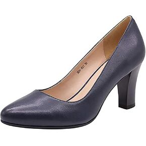Leather Pumps for Women, Almond Toe Slip On High Chunky Heel Dressy Shoes