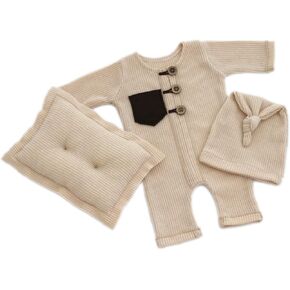 Géneric Ederafoto 3Pcs Newborn Photography Outfits Props Baby Phootshoots Boy Photo Posing Pillow Crochet Romper Hat Costume(Beige C)