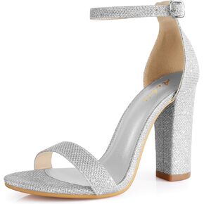 Ankis Nude Black Silver Clear Heels for Women Open Toe Ankle Strap Chunky Heel Pump Sandals Party Wedding Strappy Buckle Sandals Standard Size 4 Inches Tall Thick Heel Design