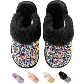 Fashion Sequins Slippers for Women Men Winter Warm Memory Foam Fuzzy Slippers Comfy Fluffy Slippers Non-slip Plush Slippers Cotton Home Slippers Indoor Outdoor Shoes