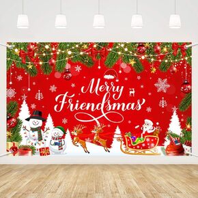MEHOFOND Merry Christmas Party Backdrop, Merry Friendsmas Christmas Party Decorations Merry Friendsmas Banner for Friendsmas Party Decorations for Winter Red Merry Xmas Background 5.9x3.6ft
