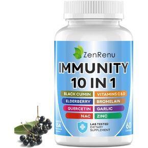 Zenrenu Immunity Booster for Adults - 10 in 1 Immune Support Supplement with Quercetin, Elderberry, Vitamin C, & Vitamin D3 for Immune Defense & Antioxidant - 60 Easy to Absorb Capsules