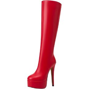 Bapolee Women's Black Leather Platform Heel Knee-High Boots Sexy Stiletto Heel Thigh High Boots (Black,12)