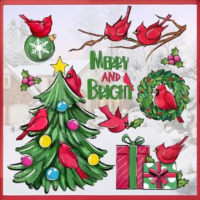Mfault Christmas Tree Cardinal Window Clings 4 Sheets, Merry and Bright Xmas Red Birds Stickers Wreath Decals Decorations, New Year 2025 Party Home Kitchen Decor Winter Holiday Gifts