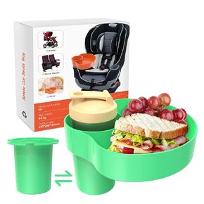Kids Carseat Food Eating Tray: Car Seat Travel Tray for Toddlers with 2 Replacement Cup Holder bases, Baby Stroller Snacks Console, Outdoor Play/Travel Road Trip Must Haves, Grey