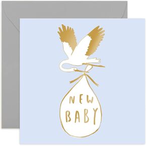 Old English Co. Pastel Stork New Baby Boy Card - Gold Foil Special Baby Arrival Congratulations Card for Parents | Cute Design For Mum and Dad| Blank Inside & Envelope Included (Boy)