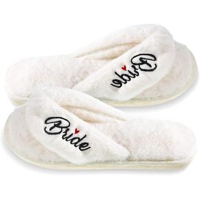SATINIOR Bride Slippers for Wedding Day Wedding Slippers White Bride Fuzzy Slippers Bridal Party Slippers Bridal Slippers for Bride Women Wedding Bridal Shower (7-8)
