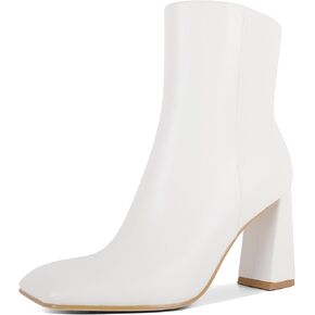 Eldof Square Toe Ankle Boots for Women Block Heel Chunky Gogo Boots High Heeled Short Booties Side Zipper 3 Inches