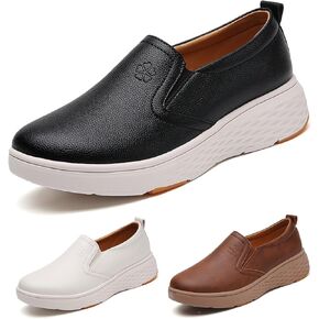 Women's Round Toe Leather Platform Loafers Comfortable Slip On Lightweight Non Slip Walking Shoes Soft Breathable Work Shopping Driving Shoes