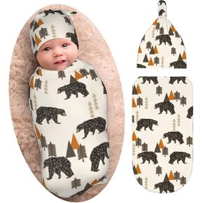 Cute Bear Newborn Swaddle Blankets Beanie Hat Sets Soft and Stretchy Baby Receiving Blanket Swaddle Sack for Baby Shower Infant Boy and Girl Gift