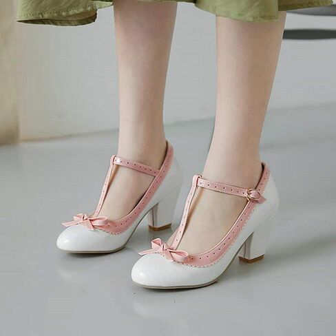 Womens Rockabilly Shoes T-Strap Mary Jane Block High Heel Closed Toe Pumps in Saudi Arabia