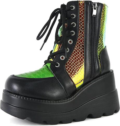 Meefit Women Goth platform Boots Wedge High Heel Lace Up Ankle Boots Round Toe Combat Booties Motorcycle Boot in Saudi Arabia