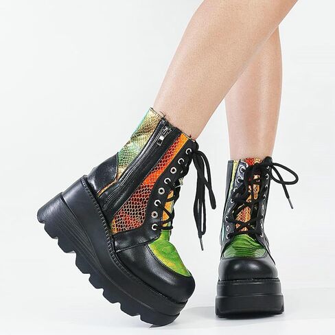 Meefit Women Goth platform Boots Wedge High Heel Lace Up Ankle Boots Round Toe Combat Booties Motorcycle Boot in Saudi Arabia