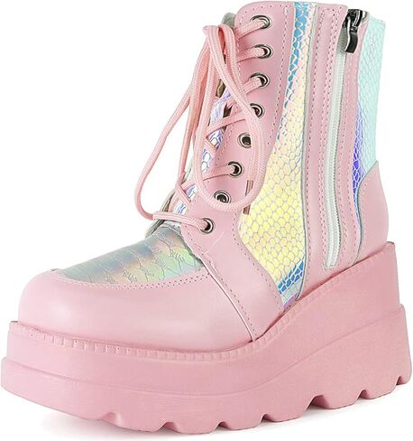 Meefit Women Goth platform Boots Wedge High Heel Lace Up Ankle Boots Round Toe Combat Booties Motorcycle Boot in Saudi Arabia