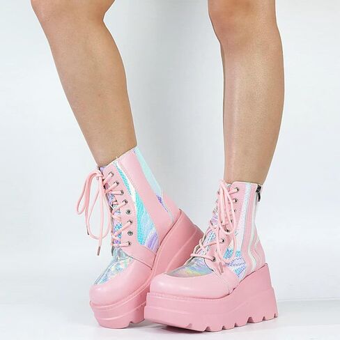 Meefit Women Goth platform Boots Wedge High Heel Lace Up Ankle Boots Round Toe Combat Booties Motorcycle Boot in Saudi Arabia