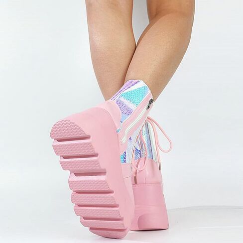 Meefit Women Goth platform Boots Wedge High Heel Lace Up Ankle Boots Round Toe Combat Booties Motorcycle Boot in Saudi Arabia
