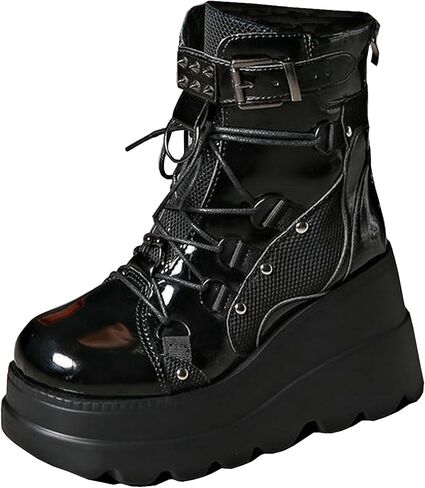 Meefit Women Goth platform Boots Wedge High Heel Lace Up Ankle Boots Round Toe Combat Booties Motorcycle Boot in Saudi Arabia