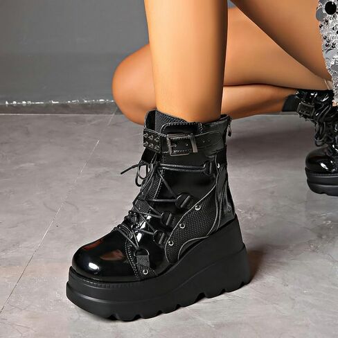 Meefit Women Goth platform Boots Wedge High Heel Lace Up Ankle Boots Round Toe Combat Booties Motorcycle Boot in Saudi Arabia