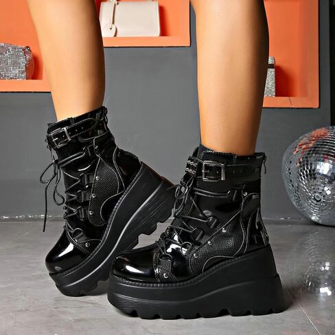 Meefit Women Goth platform Boots Wedge High Heel Lace Up Ankle Boots Round Toe Combat Booties Motorcycle Boot in Saudi Arabia