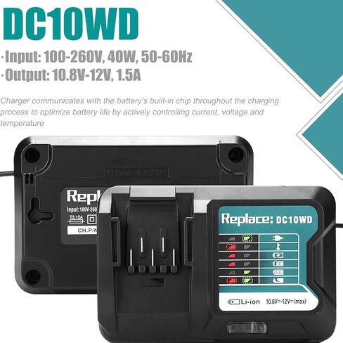 بطارية CNBY® BL1021B / BL1016 2Ah، استبدل بطارية ماكيتا 12 فولت 10.8 فولت، مع شاحن DC10WD DC10SB، متوافق مع بطارية ماكيتا 12 فولت BL1021B BL1016 BL1041B 197339-1 197406-2 BL1015B in Kuwait