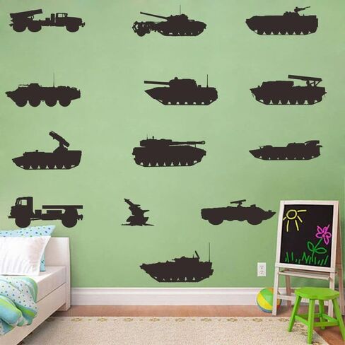 Army Tank and Missile Wall Decals - PVC Removable Wall Stickers with Military Weapons and Vehicles - Kids Room Wall Decor for Military Fans (black-JWH205) in Kuwait
