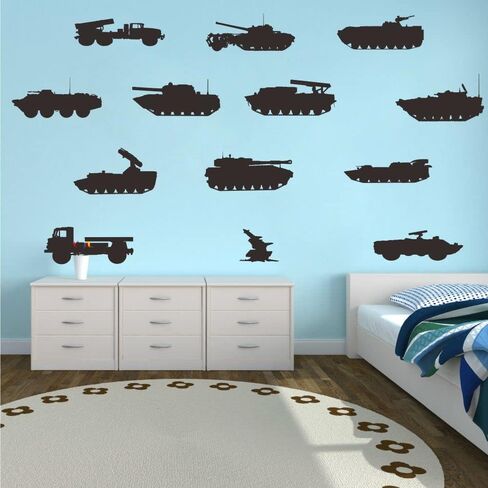 Army Tank and Missile Wall Decals - PVC Removable Wall Stickers with Military Weapons and Vehicles - Kids Room Wall Decor for Military Fans (black-JWH205) in Kuwait