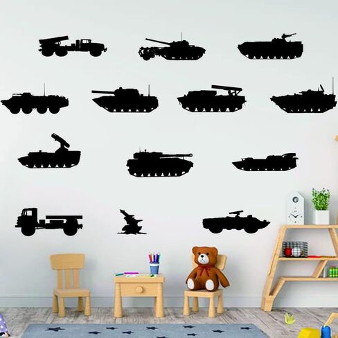 Army Tank and Missile Wall Decals - PVC Removable Wall Stickers with Military Weapons and Vehicles - Kids Room Wall Decor for Military Fans (black-JWH205) in Kuwait