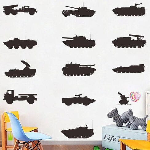 Army Tank and Missile Wall Decals - PVC Removable Wall Stickers with Military Weapons and Vehicles - Kids Room Wall Decor for Military Fans (black-JWH205) in Kuwait