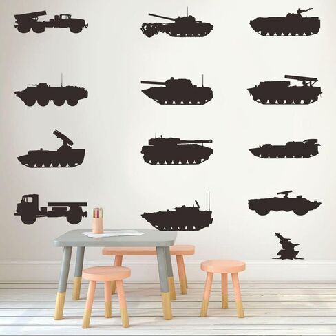 Army Tank and Missile Wall Decals - PVC Removable Wall Stickers with Military Weapons and Vehicles - Kids Room Wall Decor for Military Fans (black-JWH205) in Kuwait