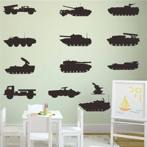 Army Tank and Missile Wall Decals - PVC Removable Wall Stickers with Military Weapons and Vehicles - Kids Room Wall Decor for Military Fans (black-JWH205) in Kuwait