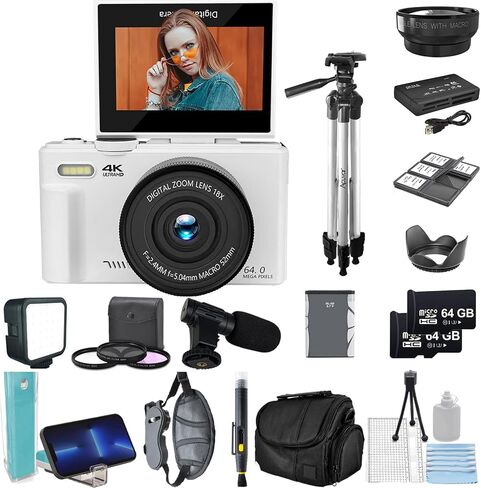 كاميرا رقمية Acuvar 4K 64 ميجابكسل للتصوير الفوتوغرافي، كاميرا تسجيل فيديو لليوتيوب مع شاشة قلاب 3.0 بوصة 180 درجة، تكبير رقمي 18X (مجموعة المبتدئين، أسود) in Saudi Arabia