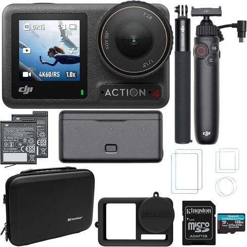 مجموعة مغامرات الكاميرا DJI Osmo Action 4 مع مقبض شحن متعدد الوظائف Osmo Action، وبطاقة ذاكرة SD سعة 128 جيجابايت، وحقيبة حمل، وواقيات شاشة زجاجية، وحزمة حافظة سيليكون واقية (6 عناصر) in Kuwait