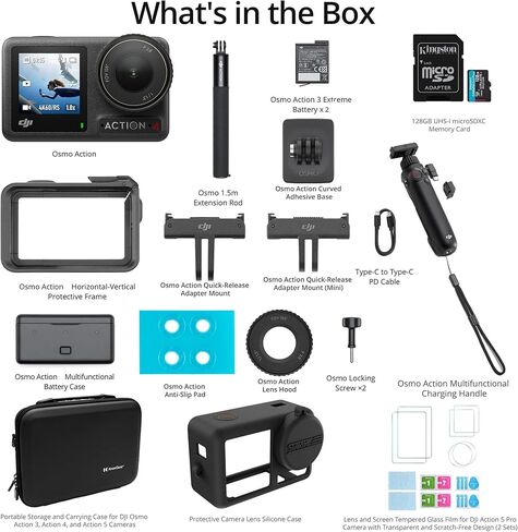 مجموعة مغامرات الكاميرا DJI Osmo Action 4 مع مقبض شحن متعدد الوظائف Osmo Action، وبطاقة ذاكرة SD سعة 128 جيجابايت، وحقيبة حمل، وواقيات شاشة زجاجية، وحزمة حافظة سيليكون واقية (6 عناصر) in Kuwait