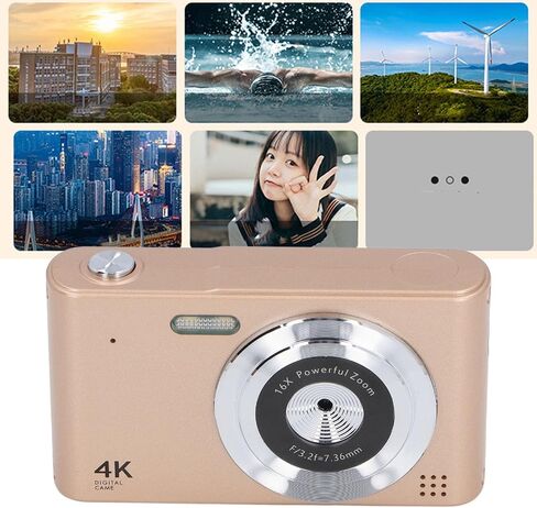 4K Digital Camera, 16X Digital Zoom 48MP Vlog Camera, 2.4in Screen, Built in Flashlight, CCD Camera, Anti Shake, Portable Camera for Beginners and Children (Gold) in Saudi Arabia
