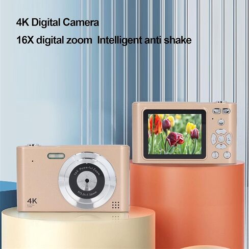 4K Digital Camera, 16X Digital Zoom 48MP Vlog Camera, 2.4in Screen, Built in Flashlight, CCD Camera, Anti Shake, Portable Camera for Beginners and Children (Gold) in Saudi Arabia