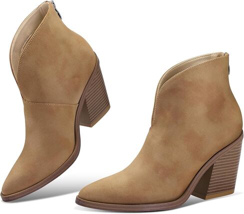 mysoft Women's V Cut Out Ankle Boots Slip On Pointed Toe Chunky Stacked Heel Booties in Saudi Arabia