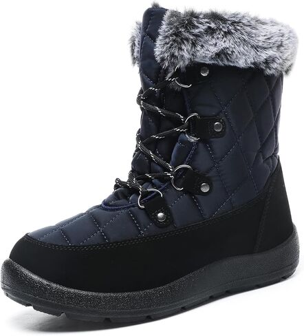 JSWEI Women Winter Snow Boots Soft Comfortable Faux Fur Mid Calf Wide Width Waterproof Warm Lace-Up Snow Boots for Women's Insulated Woman Lightweight Non-Slip Outdoor in Saudi Arabia