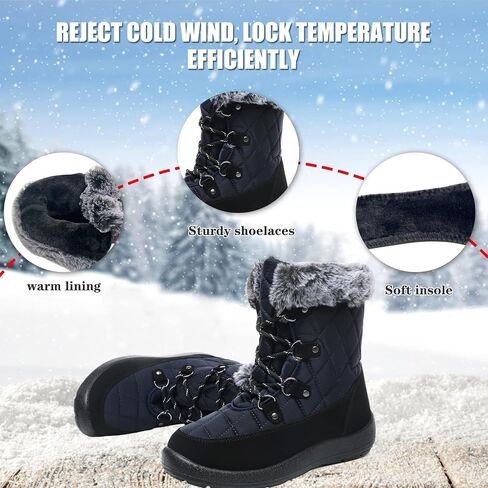 JSWEI Women Winter Snow Boots Soft Comfortable Faux Fur Mid Calf Wide Width Waterproof Warm Lace-Up Snow Boots for Women's Insulated Woman Lightweight Non-Slip Outdoor in Saudi Arabia