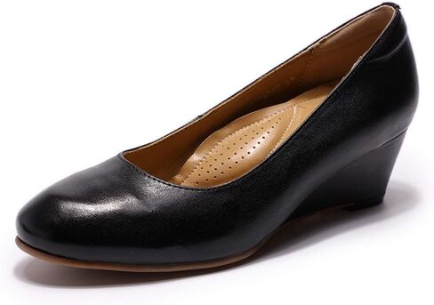 Mona flying Women's Leather Closed Toe 2 Inch Mid Wedges Heels with Arch Support Round Toe Comfortable Dress Pumps for Women Ladies in Kuwait