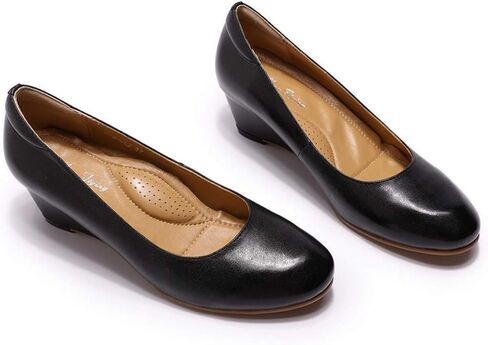 Mona flying Women's Leather Closed Toe 2 Inch Mid Wedges Heels with Arch Support Round Toe Comfortable Dress Pumps for Women Ladies in Kuwait
