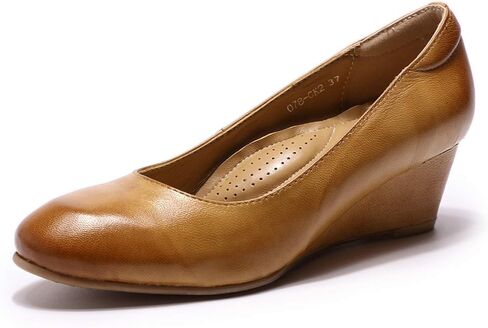 Mona flying Women's Leather Closed Toe 2 Inch Mid Wedges Heels with Arch Support Round Toe Comfortable Dress Pumps for Women Ladies in Kuwait