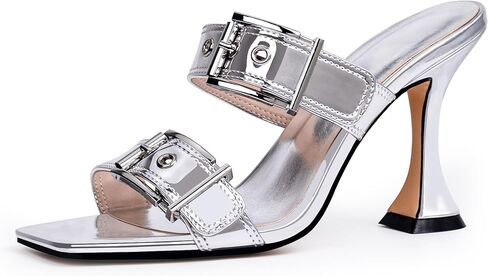 Women's Open Square Toe Heeled Sandals Sexy Stiletto High Heel Slip On Buckle Strap Patent Leather Casual Party Shoes in Saudi Arabia