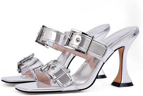 Women's Open Square Toe Heeled Sandals Sexy Stiletto High Heel Slip On Buckle Strap Patent Leather Casual Party Shoes in Saudi Arabia