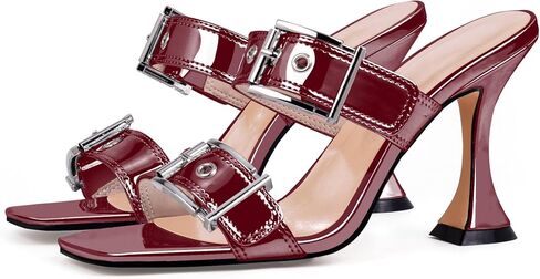 Women's Open Square Toe Heeled Sandals Sexy Stiletto High Heel Slip On Buckle Strap Patent Leather Casual Party Shoes in Saudi Arabia