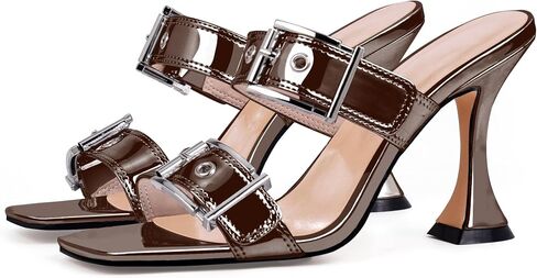 Women's Open Square Toe Heeled Sandals Sexy Stiletto High Heel Slip On Buckle Strap Patent Leather Casual Party Shoes in Saudi Arabia