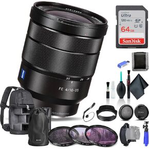 Sony Vario-Tessar T FE 16-35mm f/4 ZA OSS Lens SEL1635Z, Filter Kit, Backpack, 64GB Card, Card Reader, Flex Tripod, Memory Card Wallet, Cap Keeper, Cleaning Kit, Hand Strap, and More