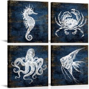 KLVOS Navy Blue Ocean Animal Art Prints Angle Fish Octopus Seahorse Crab Canvas Pictures Modern Bathroom Wall Decor Framed for Kids Baby Nursery Wall Art 12x12inx4pcs