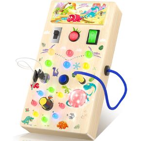 Dinosaur Montessori Toddler Busy Board, Toddler Toys with Music and LED Light Switches, Wooden Sensory Toys Light Switch Toys Travel Toys, Toys for 1 2 3 Years Old Baby and Toddler