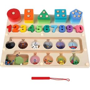 3-in-1 Magnetic Wooden Maze, Montessori Toys, Stacking Building Blocks Shape Sorter Number Board, Color Matching Educational Learning Toys for Kids, Toddler Gift, Toys for Boys Girls 3 4 5 Years Old