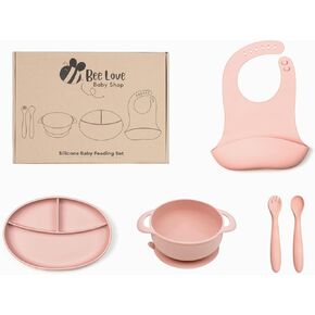 Bee Love Silicone Baby Feeding Set | BPA Free Baby Led Weaning Utensils Set with Suction Plate, Bowl, Adjustable Bib, Baby Spoon and Folk | Toddler Feeding Supplies for 6+ Months (Dark Pink)